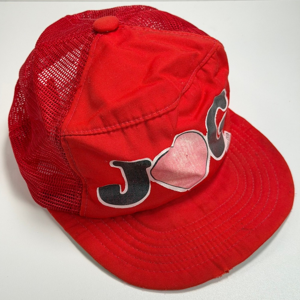 Vintage 1977 Trucker Panel Hat Heart Jog Red Mesh Strapback Cap 70s Running Hike